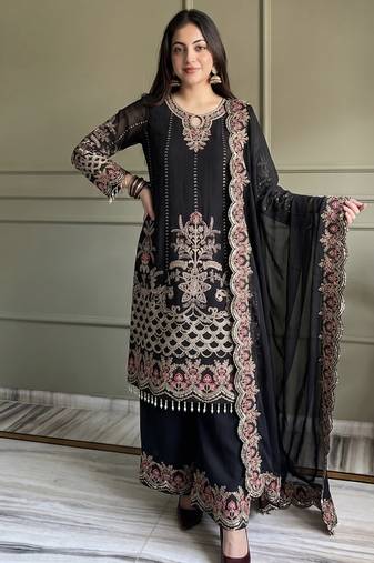 black georgette embroidered sequin kurta palazzo dupatta set