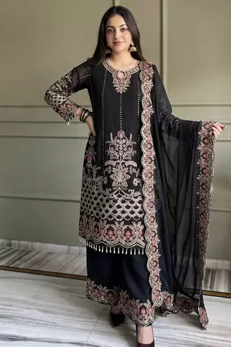 black georgette embroidered sequin kurta palazzo dupatta set