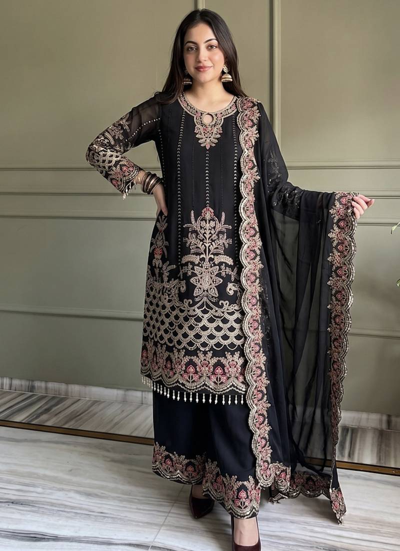 black georgette embroidered sequin kurta palazzo dupatta set