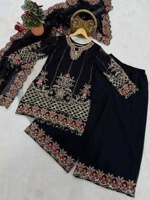 black georgette embroidered sequin kurta palazzo dupatta set 2
