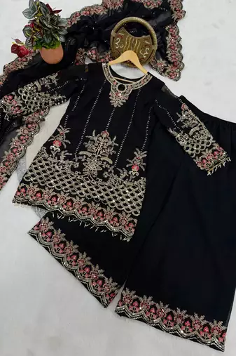 black georgette embroidered sequin kurta palazzo dupatta set