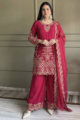 rani pink georgette embroidered sequin kurta palazzo dupatta set