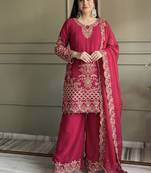 rani pink georgette embroidered sequin kurta palazzo dupatta set