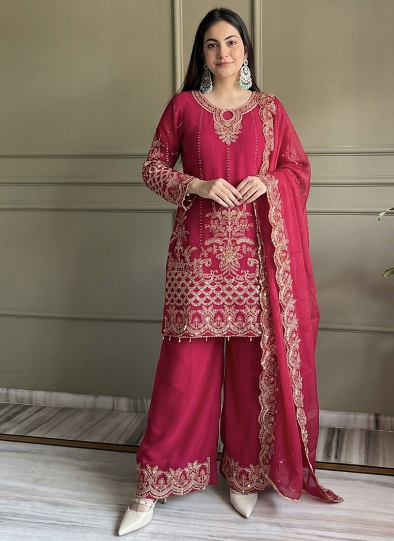 rani pink georgette embroidered sequin kurta palazzo dupatta set