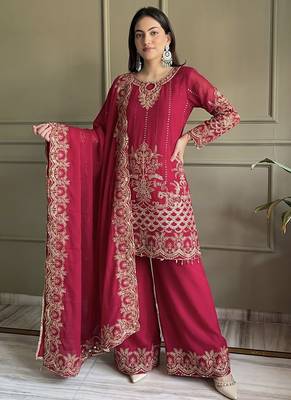 rani pink georgette embroidered sequin kurta palazzo dupatta set 2