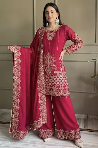 rani pink georgette embroidered sequin kurta palazzo dupatta set