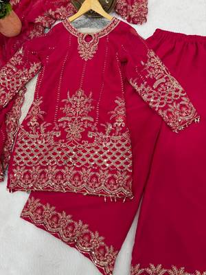 rani pink georgette embroidered sequin kurta palazzo dupatta set 3