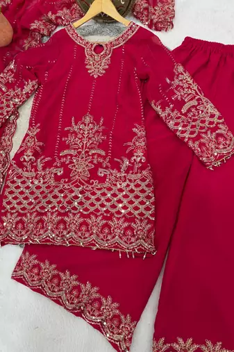 rani pink georgette embroidered sequin kurta palazzo dupatta set