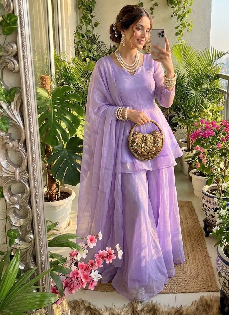lavender silk blend kurti palazzo dupatta set for women