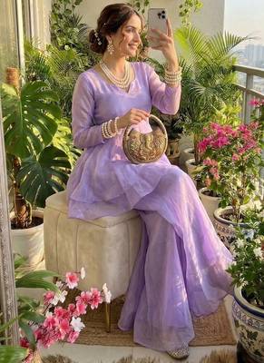 lavender silk blend kurti palazzo dupatta set for women 2