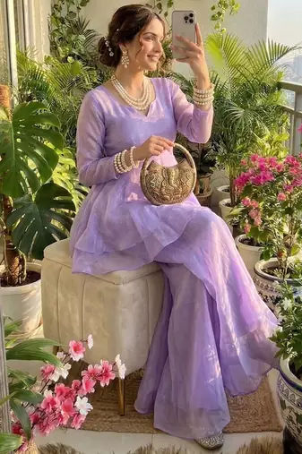 lavender silk blend kurti palazzo dupatta set for women