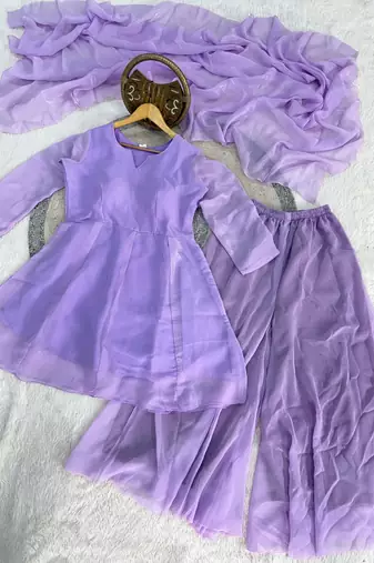 lavender silk blend kurti palazzo dupatta set for women