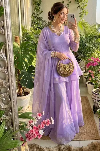 lavender silk blend kurti palazzo dupatta set for women