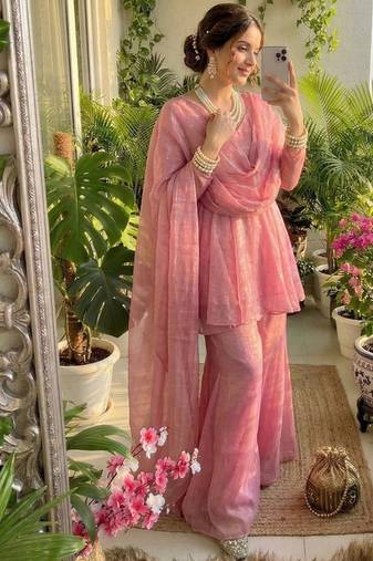 peach silk blend kurti palazzo dupatta set for women