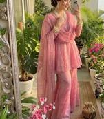 peach silk blend kurti palazzo dupatta set for women
