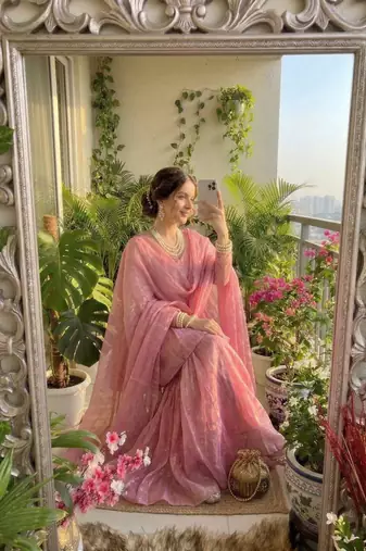 peach silk blend kurti palazzo dupatta set for women