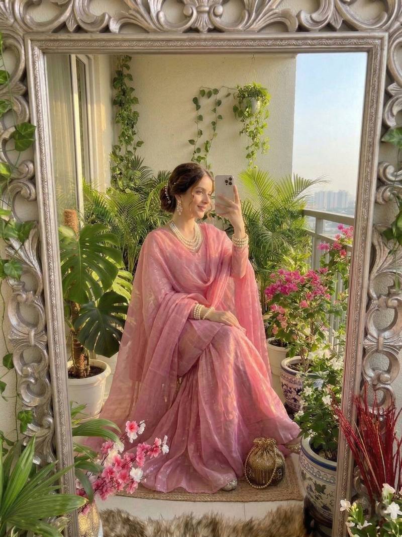 peach silk blend kurti palazzo dupatta set for women
