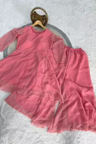 peach silk blend kurti palazzo dupatta set for women