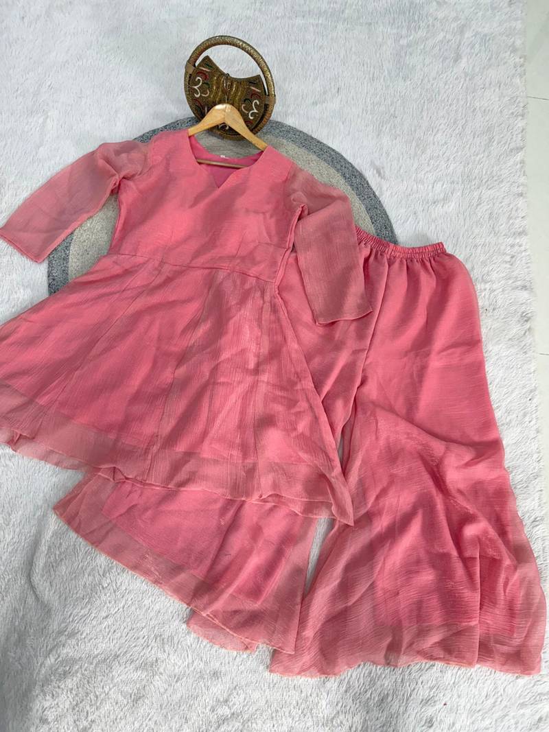peach silk blend kurti palazzo dupatta set for women