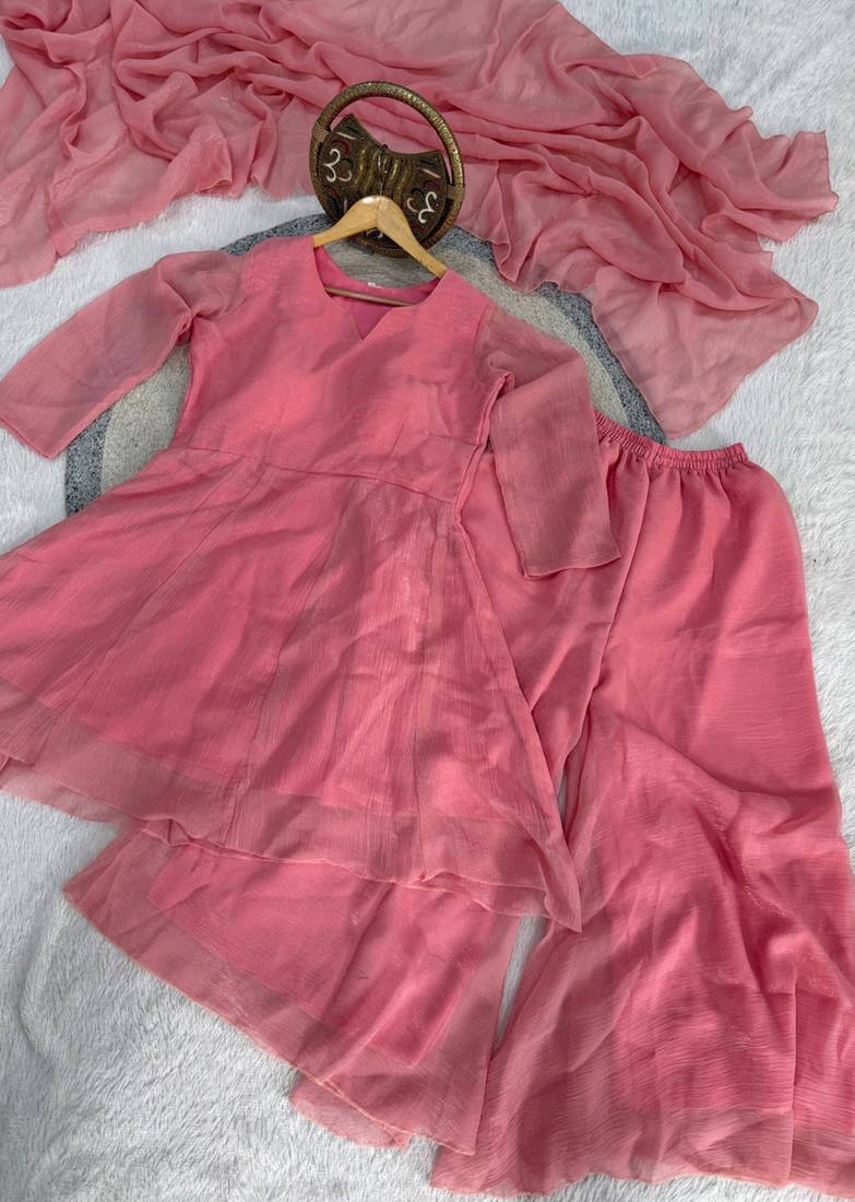 peach silk blend kurti palazzo dupatta set for women