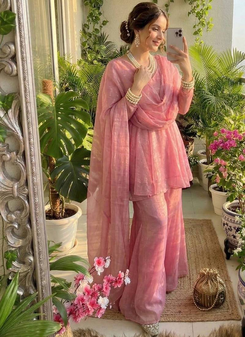 peach silk blend kurti palazzo dupatta set for women
