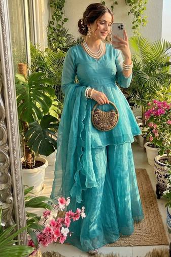 skyblue silk blend kurti palazzo dupatta set for women