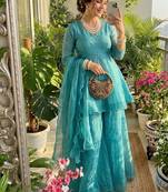 skyblue silk blend kurti palazzo dupatta set for women