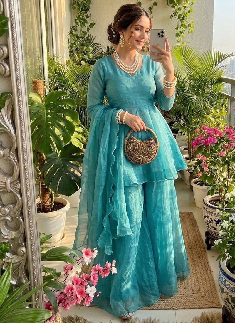 skyblue silk blend kurti palazzo dupatta set for women