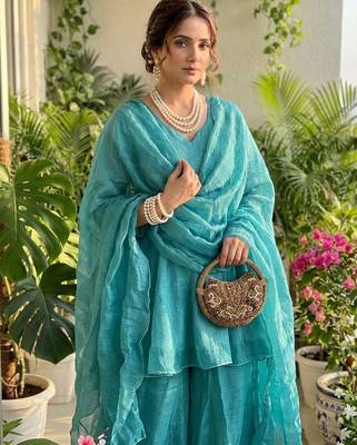 skyblue silk blend kurti palazzo dupatta set for women 2