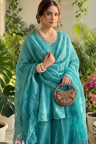 skyblue silk blend kurti palazzo dupatta set for women