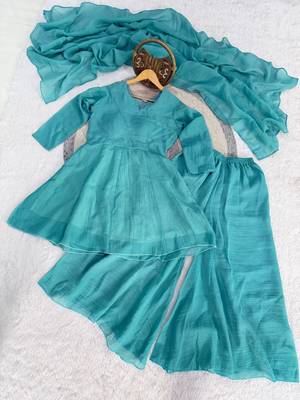 skyblue silk blend kurti palazzo dupatta set for women 3