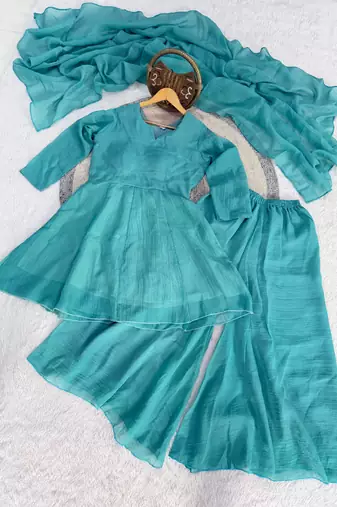 skyblue silk blend kurti palazzo dupatta set for women