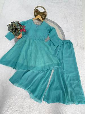 skyblue silk blend kurti palazzo dupatta set for women 4