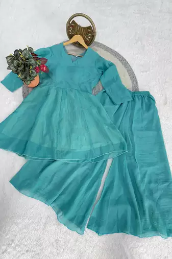 skyblue silk blend kurti palazzo dupatta set for women