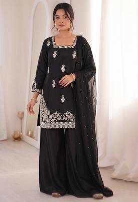 black silk blend sequins embroidered kurta palazzo dupatta set 1