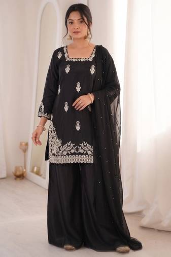 black silk blend sequins embroidered kurta palazzo dupatta set