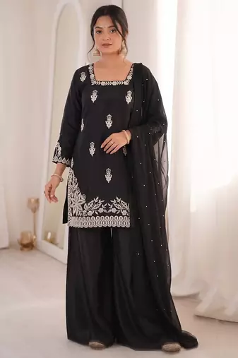 black silk blend sequins embroidered kurta palazzo dupatta set