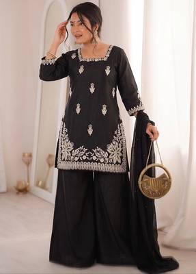 black silk blend sequins embroidered kurta palazzo dupatta set 5
