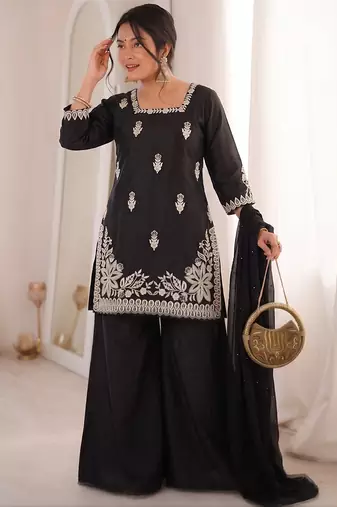 black silk blend sequins embroidered kurta palazzo dupatta set