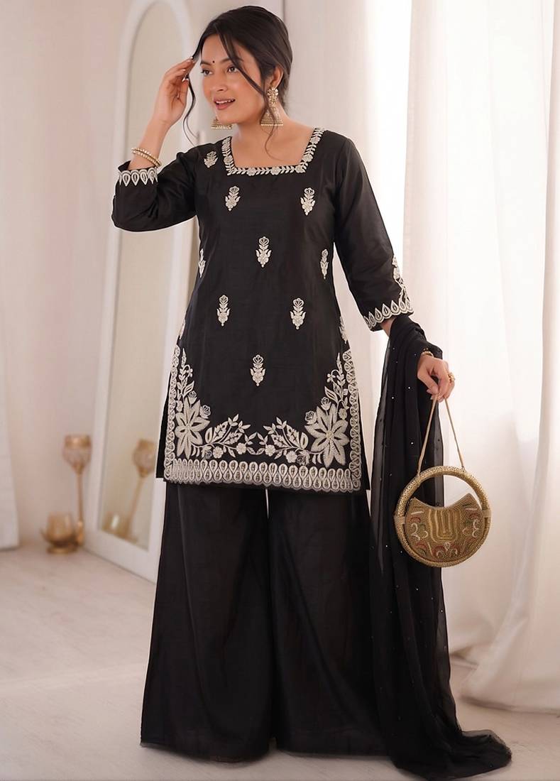 black silk blend sequins embroidered kurta palazzo dupatta set