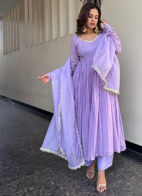 lavender georgette lace anarkali pant dupatta set 1