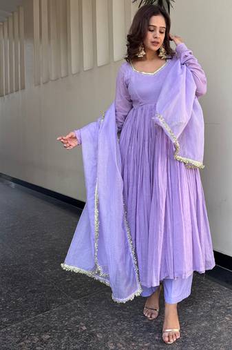 lavender georgette lace anarkali pant dupatta set