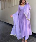 lavender georgette lace anarkali pant dupatta set