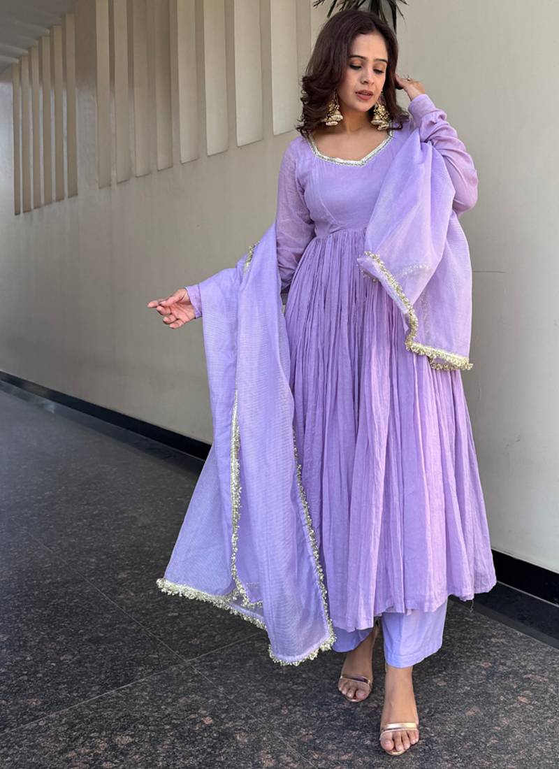 lavender georgette lace anarkali pant dupatta set