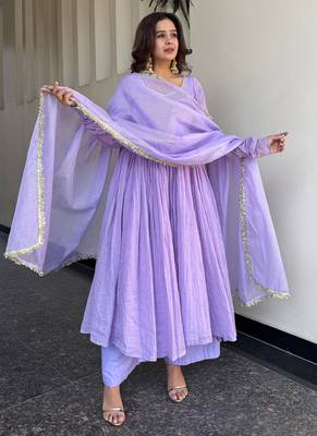 lavender georgette lace anarkali pant dupatta set 2