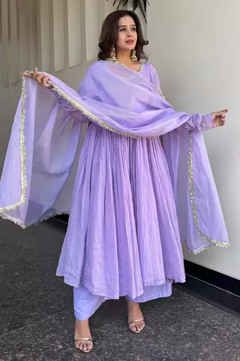 lavender georgette lace anarkali pant dupatta set