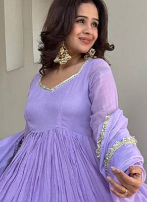 lavender georgette lace anarkali pant dupatta set 3