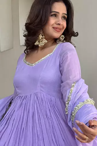 lavender georgette lace anarkali pant dupatta set