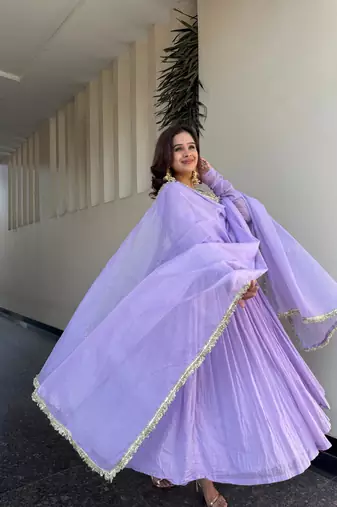lavender georgette lace anarkali pant dupatta set