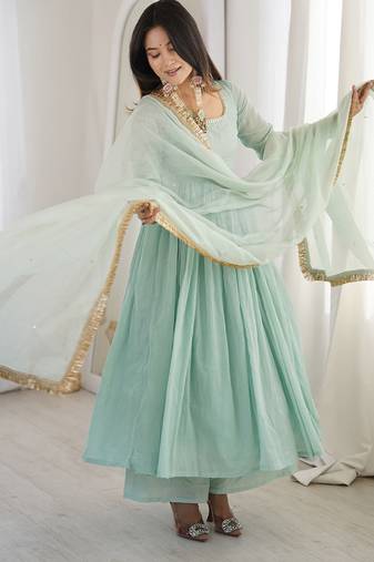 seagreen georgette lace anarkali pant dupatta set